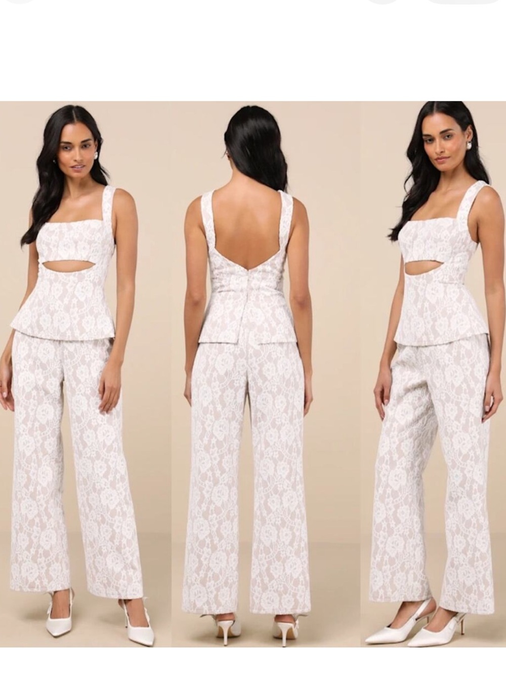 Lulu's White & Beige Lace Wide-Leg Jumpsuit